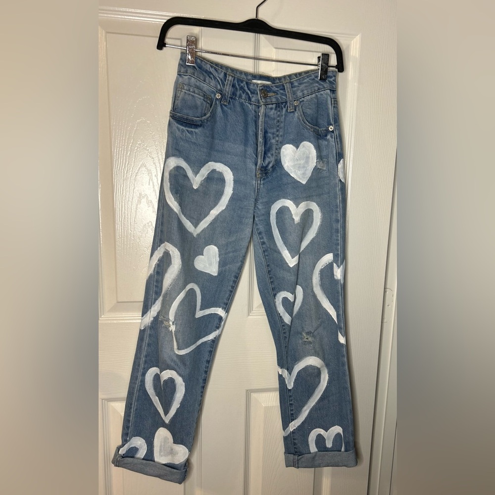 Hand Painted Blue Denim Jeans with White Hearts & words